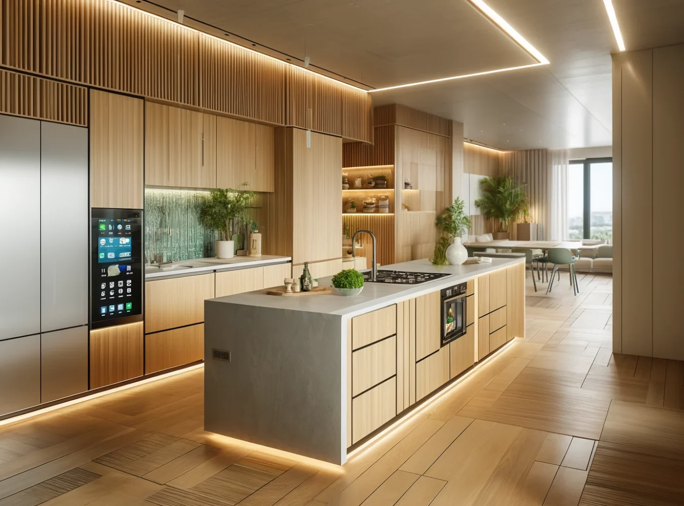 DALL·E 2024-06-04 09.32.13 - A contemporary kitchen with sustainable design elements. The kitchen features bamboo cabinets and recycled quartz countertops. There is a sleek, multi