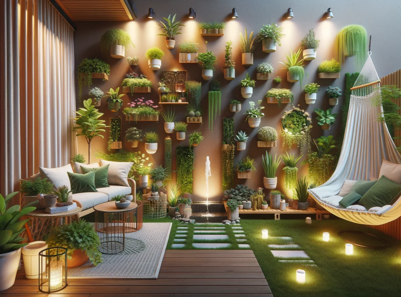 DALL·E 2024-06-06 09.07.46 - A cozy garden with minimal space, featuring vertical gardens with various plants on walls and comfortable seating areas. The garden includes hanging p