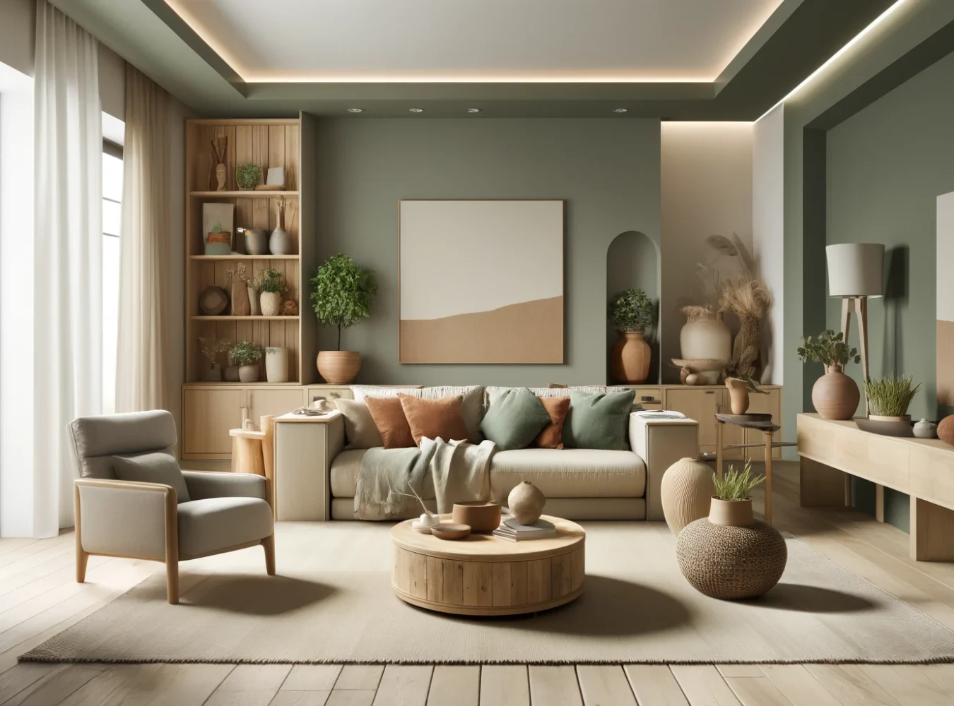 DALL·E 2024-06-06 10.41.26 - A modern living room showcasing 2024 trends in colors and materials. The room features walls painted in a soft sage green with accents of terracotta a