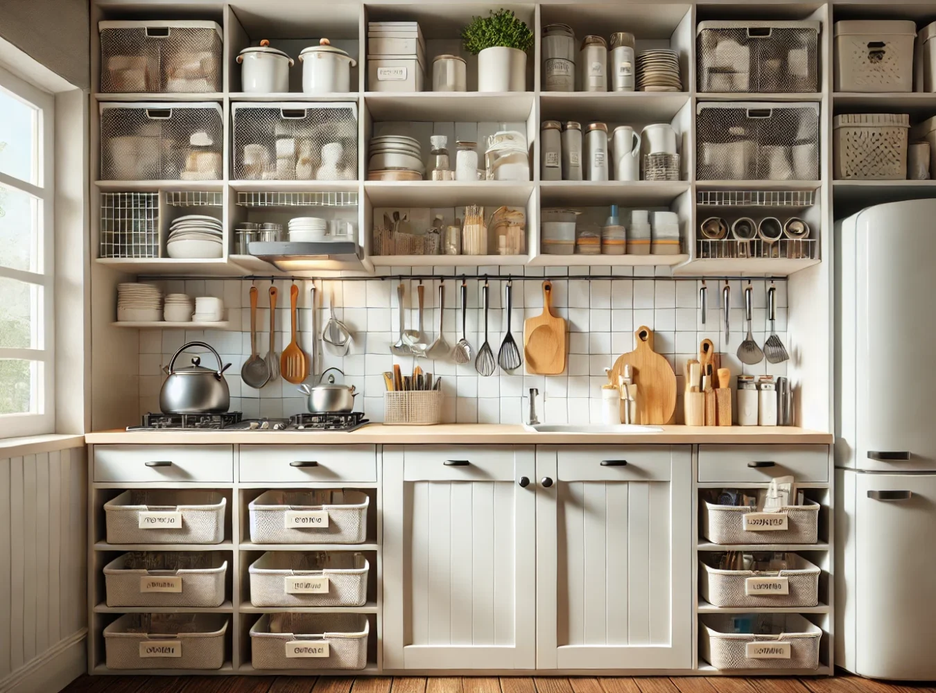 DALL·E 2024-06-27 05.08.55 - A realistic image of a small, well-organized kitchen. The design should showcase efficient use of space with open shelves, hooks for utensils, a tidy